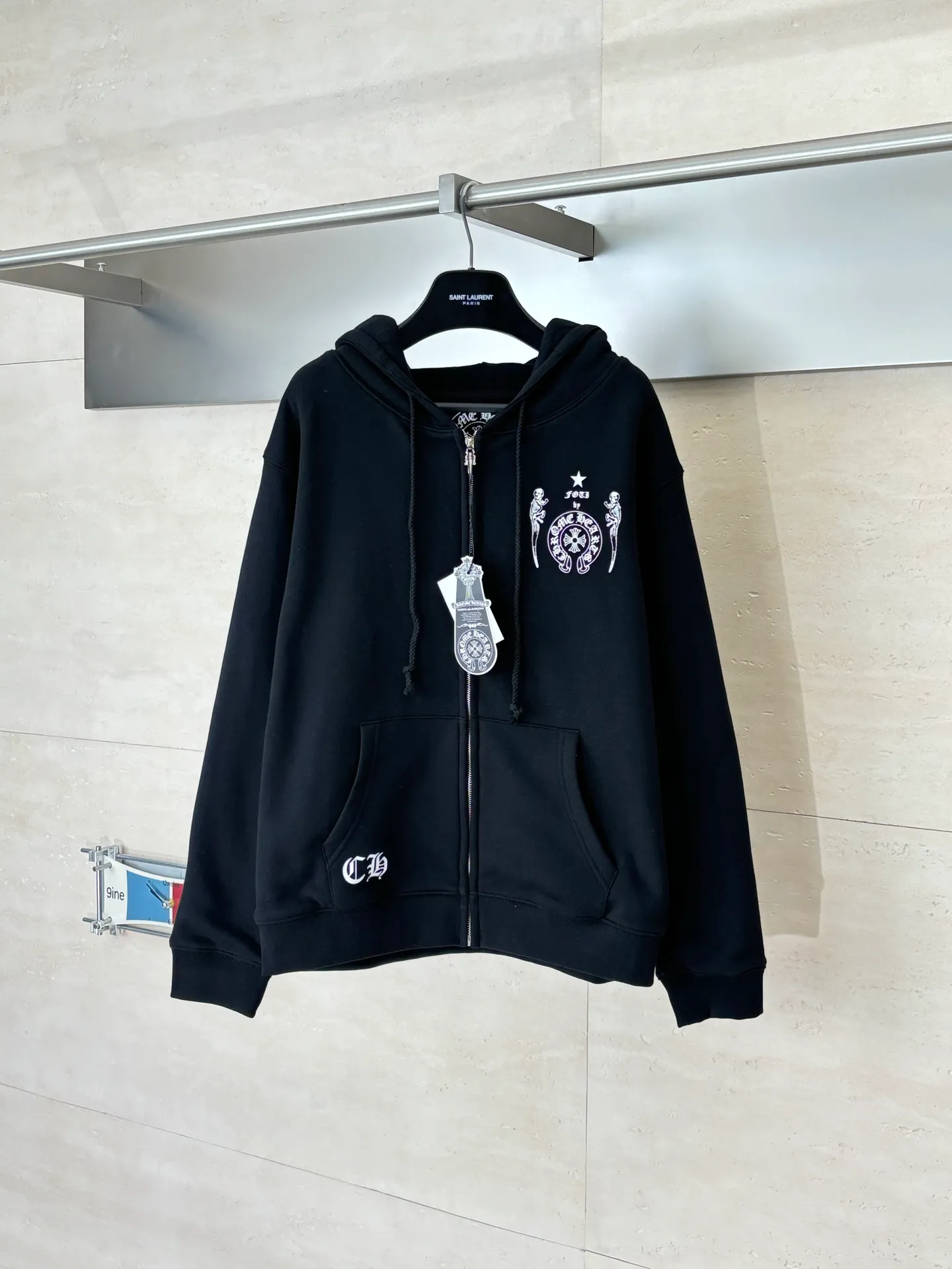 P486 Chrome Heart*/Chrome Heart Ch black skull zipper hooded sweatshirt Size: S/M/L/XL